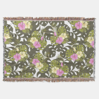 Tropical Jungle Leaves and Hibiscus Pattern Throw Blanket