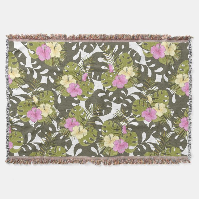 Tropical Jungle Leaves and Hibiscus Pattern Throw Blanket (Front)
