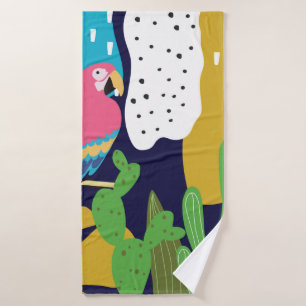 Tropical jungle leaves background with parrots. Su Bath Towel
