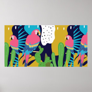Tropical jungle leaves background with parrots. Su Poster