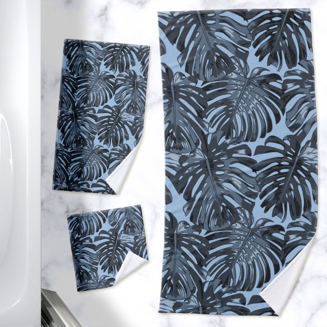 Tropical Jungle Leaves Dark Blue Modern Bath Towel Set (Dark blue palm leaf printed towels in 3 sizes)