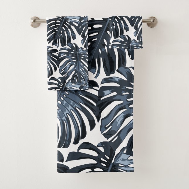 Tropical Jungle Leaves Dark Blue White Modern Bath Towel Set (Insitu)