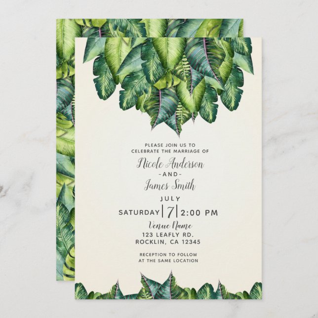 Tropical Jungle Leaves Green Botanical Wedding Invitation (Front/Back)
