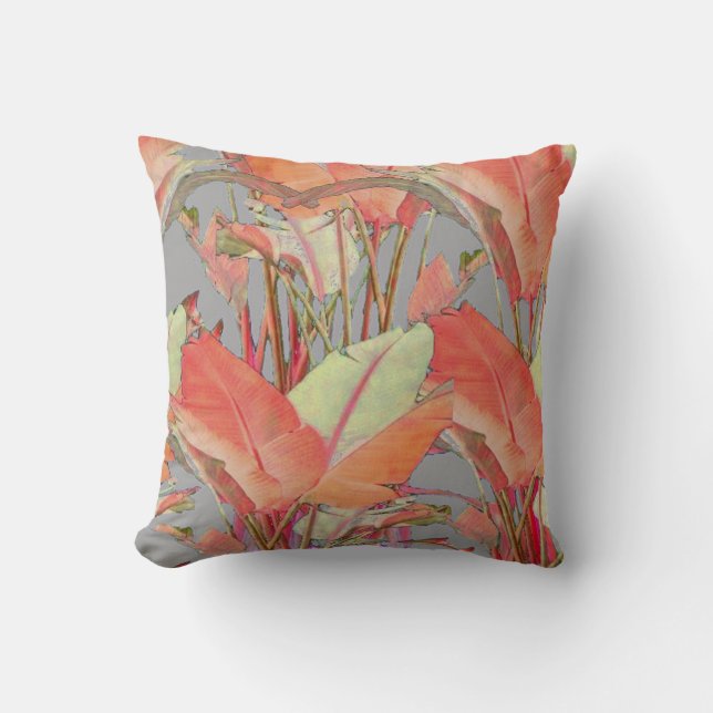 TROPICAL JUNGLE LEAVES IN SOFT SALMON  COLORS CUSHION (Front)