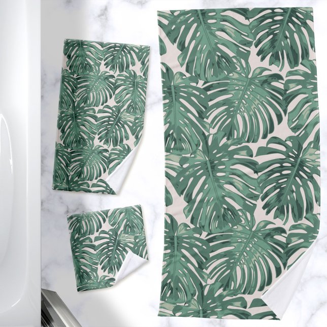 Tropical Jungle Leaves Pale Green Modern Bath Towel Set (Pale green tropical leaf printed bath towel set)