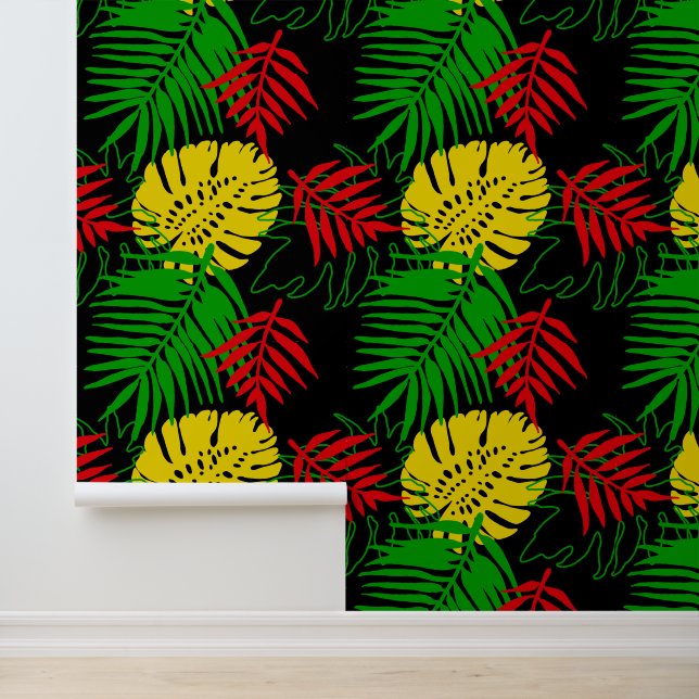 Tropical Jungle Leaves Pattern Rasta Colours Wallpaper (Application)
