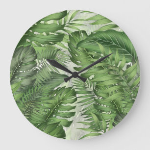 Tropical jungle leaves: seamless floral background large clock