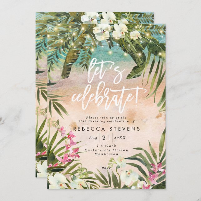 tropical jungle lights let's celebrate birthday invitation (Front/Back)