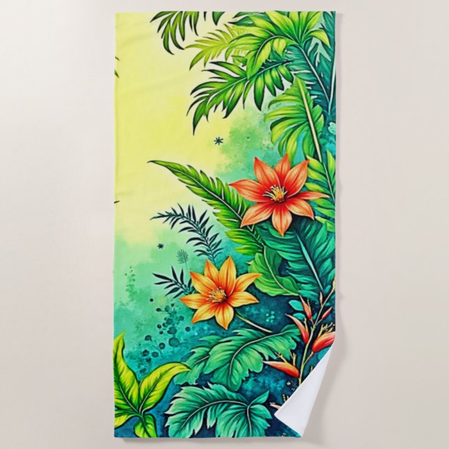 Tropical Jungle Lush Paradise Design Beach Towel (Front)