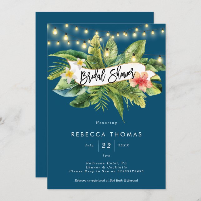 Tropical jungle navy bridal shower invitation (Front/Back)