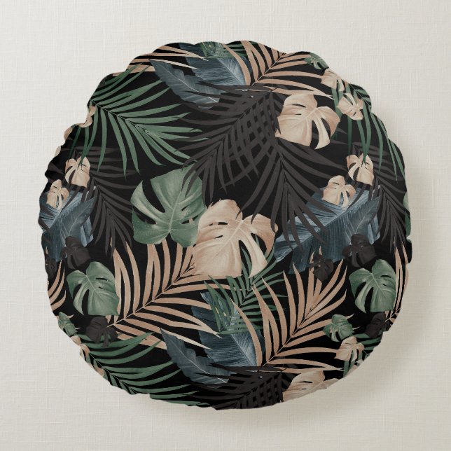 Tropical Jungle Night Leaves 13 - Repeating Round Cushion (Front)