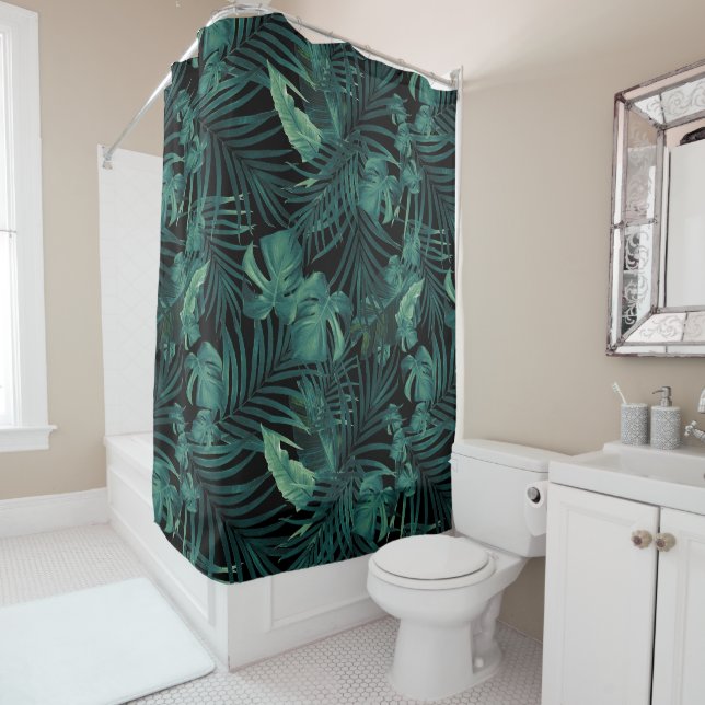 Tropical Jungle Night Leaves 1 - Repeating Shower Curtain (In Situ)