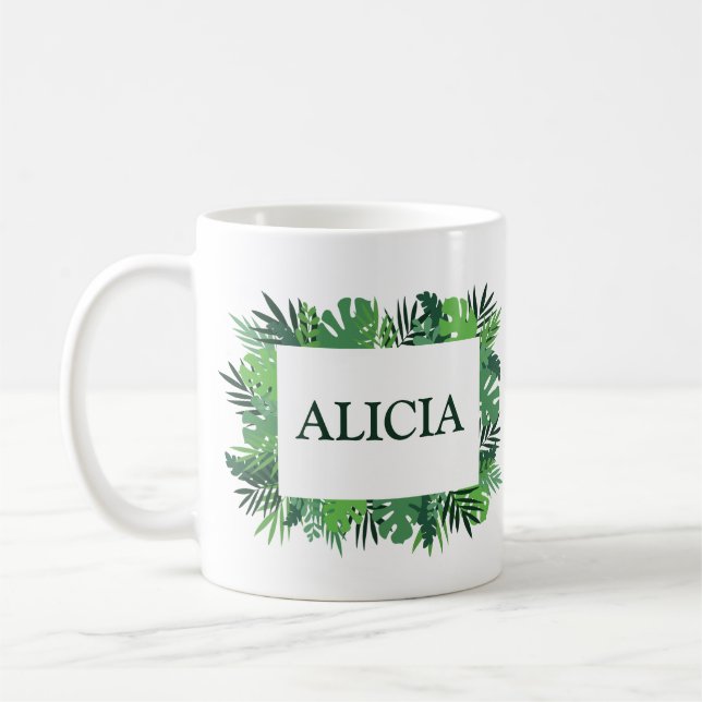 Tropical jungle palm leaves custom name coffee mug (Left)