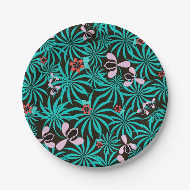 Tropical jungle palm leaves orchid flowers bloom c paper plate (Front)
