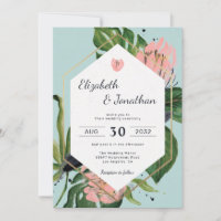 Tropical jungle pink flower & leaves floral modern