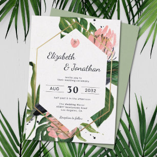 Tropical jungle pink flower & leaves floral modern invitation