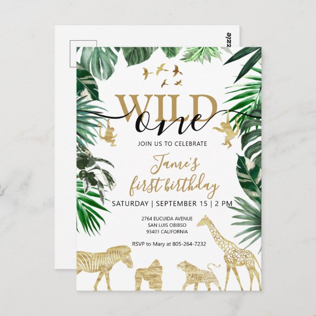 Tropical Jungle Safari Animals 1st Birthday Postcard (Front/Back)