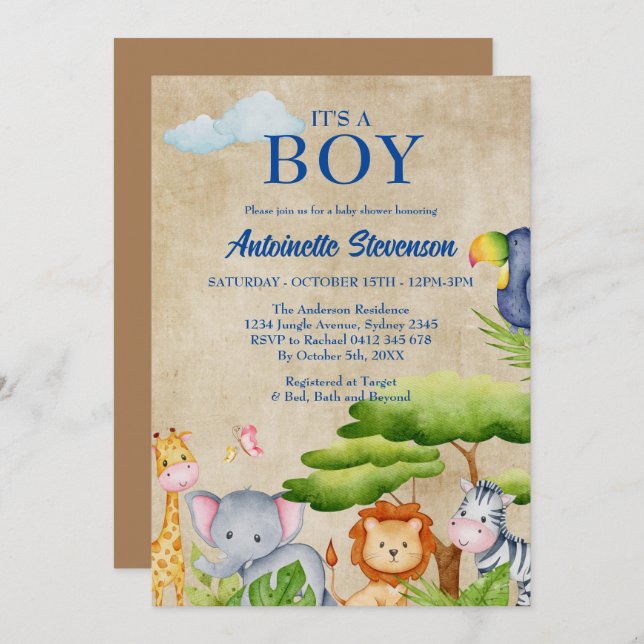 Tropical Jungle Safari Animals Baby Boy Shower Invitation (Front/Back)