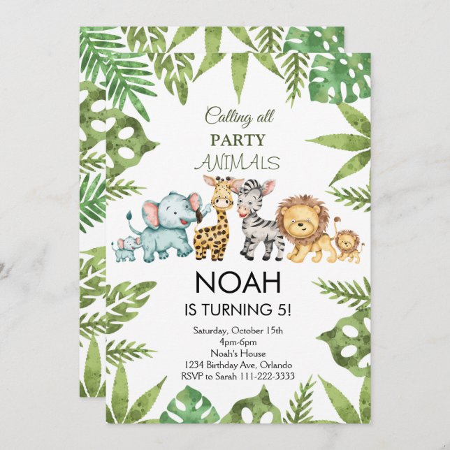 Tropical Jungle Safari Animals Birthday Invitation (Front/Back)