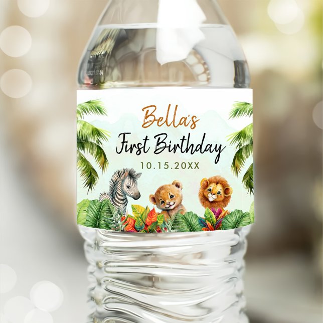 Tropical Jungle Safari Animals Birthday Water Bottle Label (Creator Uploaded)