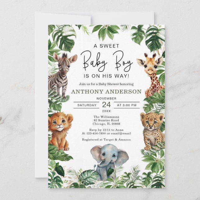 Tropical Jungle Safari Animals Boy Baby Shower Invitation (Front)