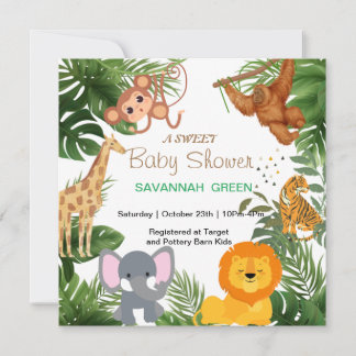 Tropical Jungle Safari Animals Boy Baby Shower Invitation