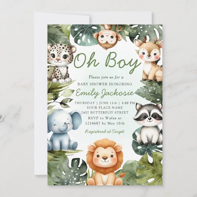 Tropical Jungle Safari Animals Boy Baby Shower  Invitation (Front)