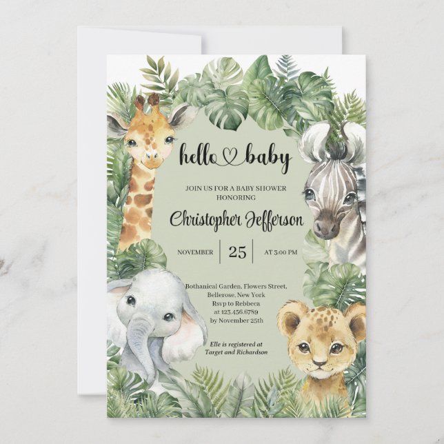 Tropical Jungle Safari Animals Boy Baby Shower Invitation (Front)