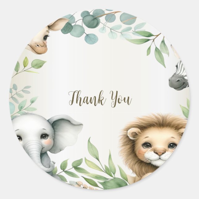 Tropical Jungle Safari Animals Green Leaves Party Classic Round Sticker (Front)