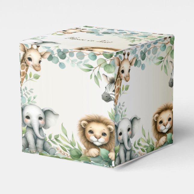 Tropical Jungle Safari Animals Green Leaves Party Favour Box (Front Side)