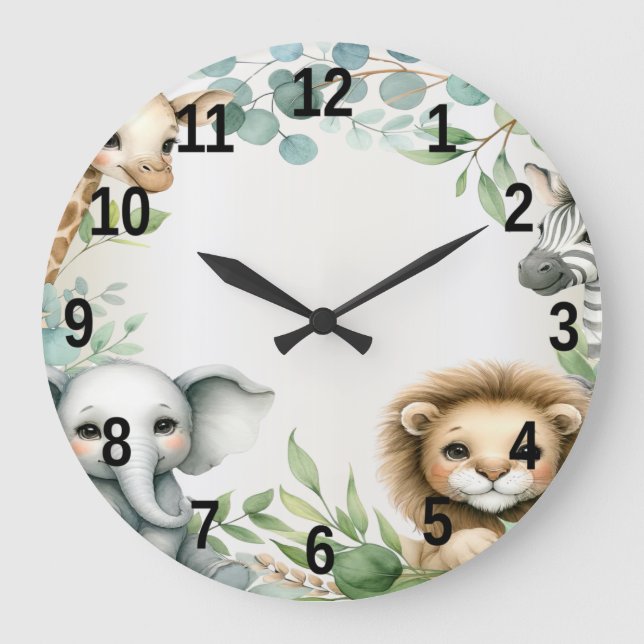 Tropical Jungle Safari Animals Green Leaves Party Large Clock (Front)