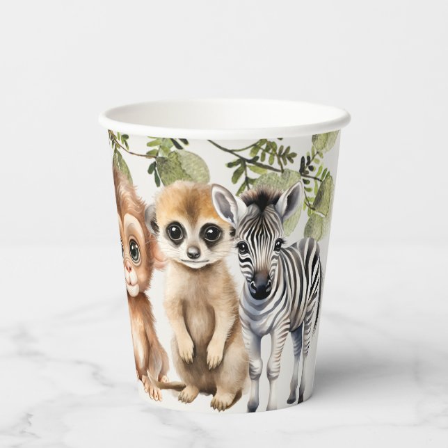 Tropical Jungle Safari Animals Green Leaves Party Paper Cups (Back)