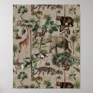 Tropical Jungle Safari Animals Pattern   Poster