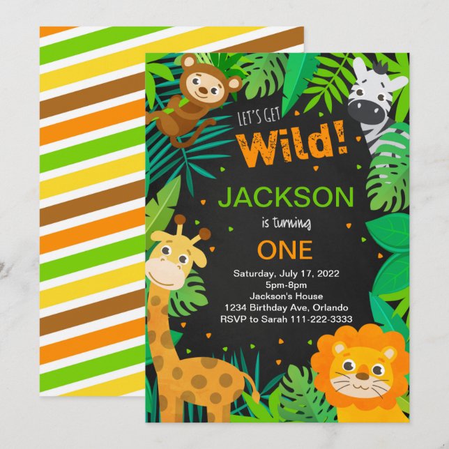Tropical Jungle Safari Black Birthday Invitation (Front/Back)