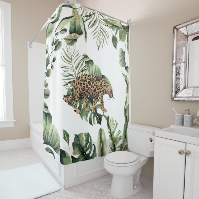 Tropical Jungle Safari Botanical Jaguar Shower Curtain (In Situ)