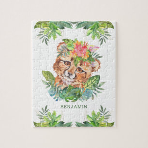 Tropical Jungle Safari Cute Cheetah Kids Name Jigsaw Puzzle