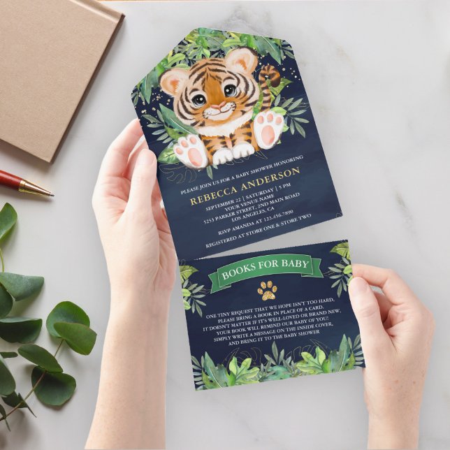 Tropical Jungle Safari Cute Tiger Navy Baby Shower All In One Invitation (Creator Uploaded)