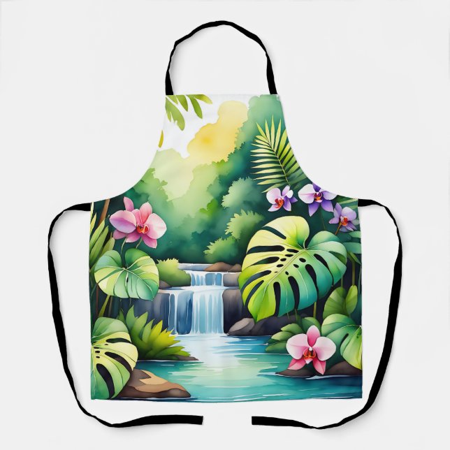Tropical Jungle Waterfall Orchid Paradise  Apron (Front)