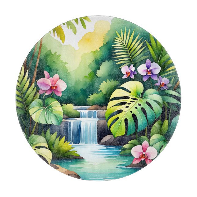 Tropical Jungle Waterfall Orchid Paradise  Cutting Board (Front)