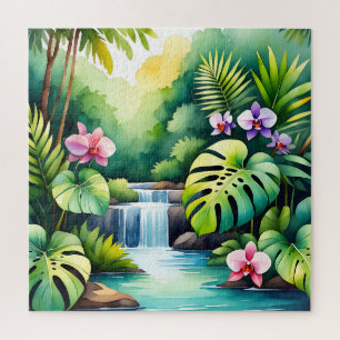Tropical Jungle Waterfall Orchid Paradise  Jigsaw Puzzle