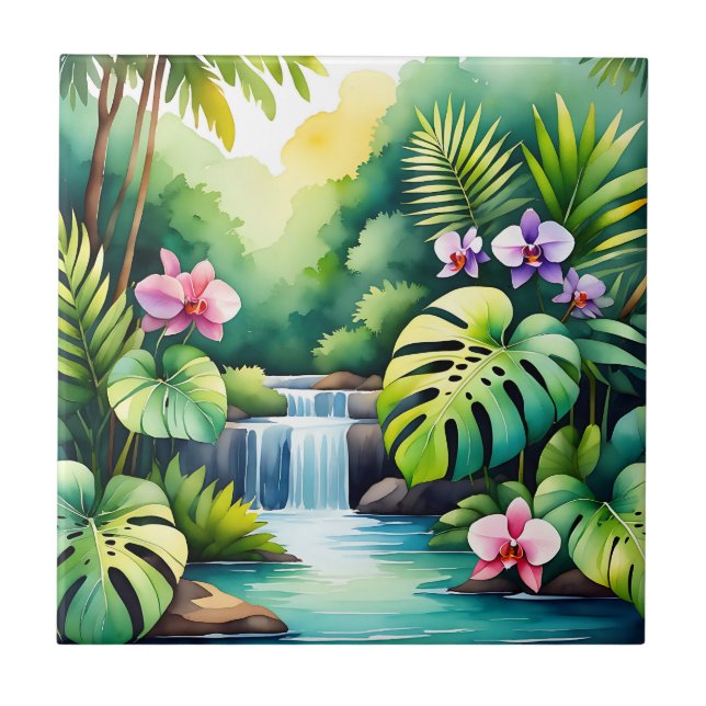 Tropical Jungle Waterfall Orchid Paradise  Tile (Front)