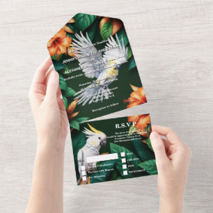 Tropical jungle wedding exotic parrots all in one invitation