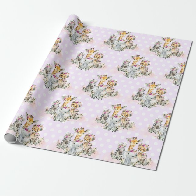 Tropical Jungle Wild Animals Baby Girl Birthday Wrapping Paper (Unrolled)