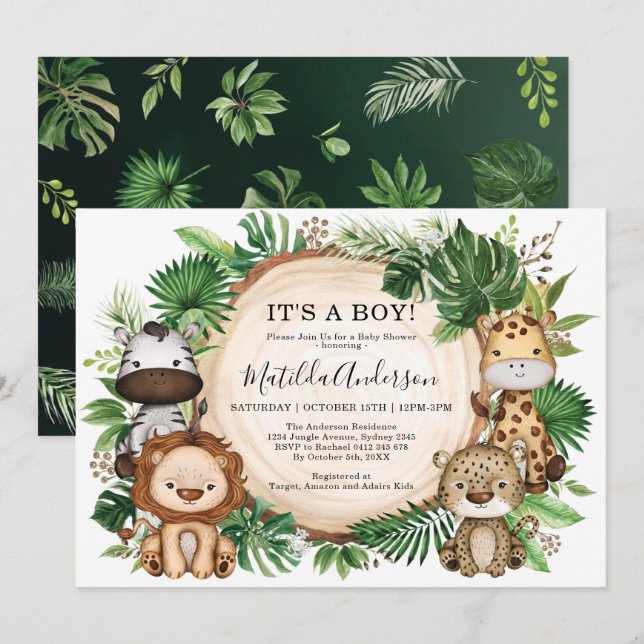 Tropical Jungle Wild Safari Animal Boy Baby Shower Invitation (Front/Back)