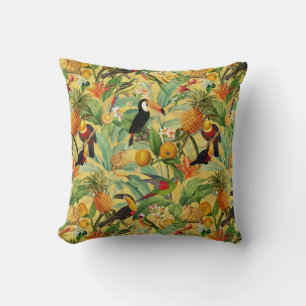Tropical Jungle With Toucan Birds And Flowers Thro Cushion