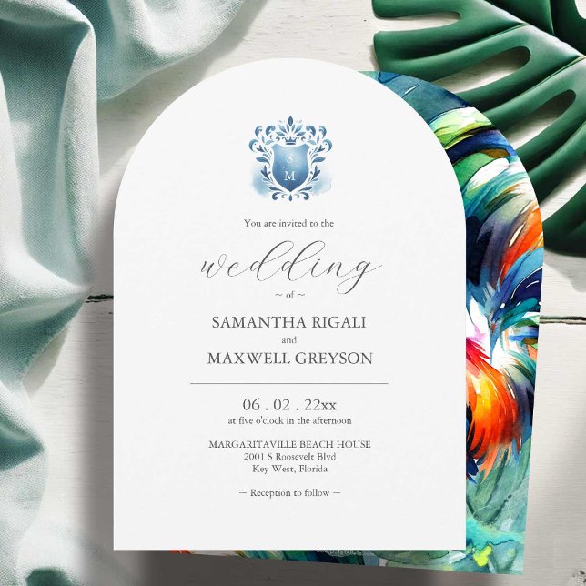Tropical Key West Die Cut Wedding Invitation (Destination wedding invitations Key West inspired art by Victoria Grigaliunas Do Tell A Belle)