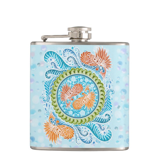 Tropical Koi Mandala | Vibrant Ocean Zen Art Hip Flask (Front)