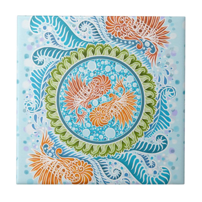 Tropical Koi Mandala | Vibrant Ocean Zen Art Tile (Front)