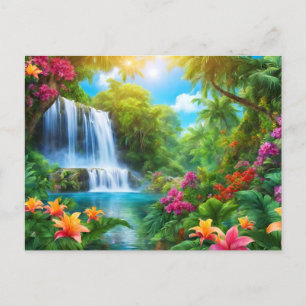 Tropical Landscape with Flowers, Waterfall Postcard