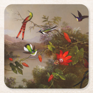 Tropical Landscape with Ten Hummingbirds Heade Square Paper Coaster